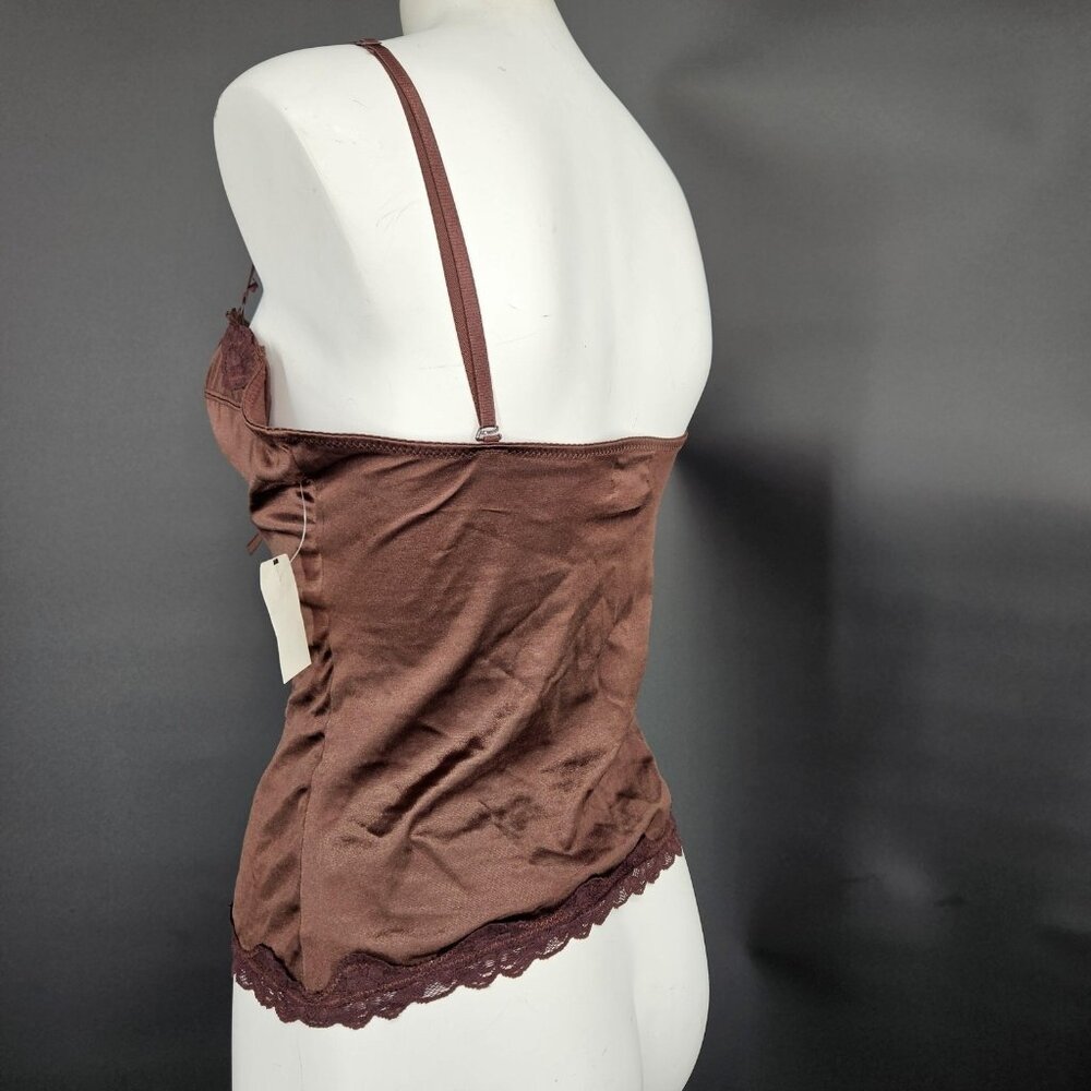 Satin Corset Top Womens L Brown Lace Ruched Bustier Cami Lingerie Coquette Y2K - Picture 6 of 11
